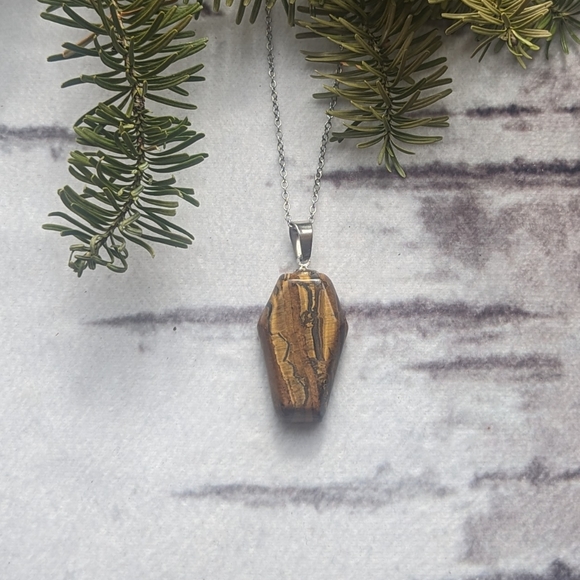 Tiger Eye Coffin Stone Necklace with Stainless steel chain - Picture 3 of 4
